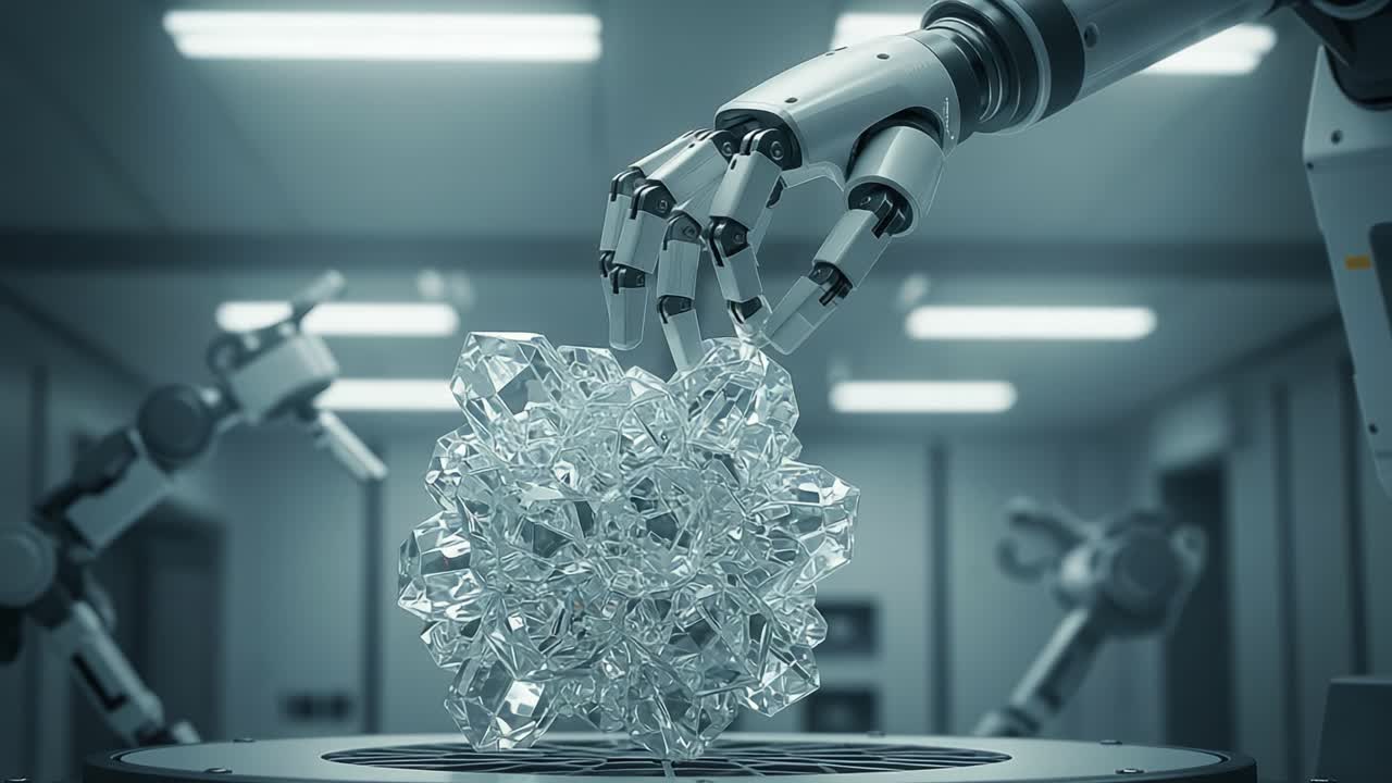 A Futuristic Laboratory Scene Featuring Robots Skillfully Manipulating a Complex Crystal Structure, Showcasing the Intersection of Technology and Artistry in Automated Precision