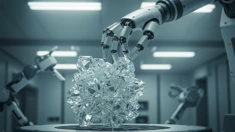 a futuristic laboratory scene featuring robots skillfully manipulating a complex crystal structure, showcasing the intersection of technology and artistry in automated precision