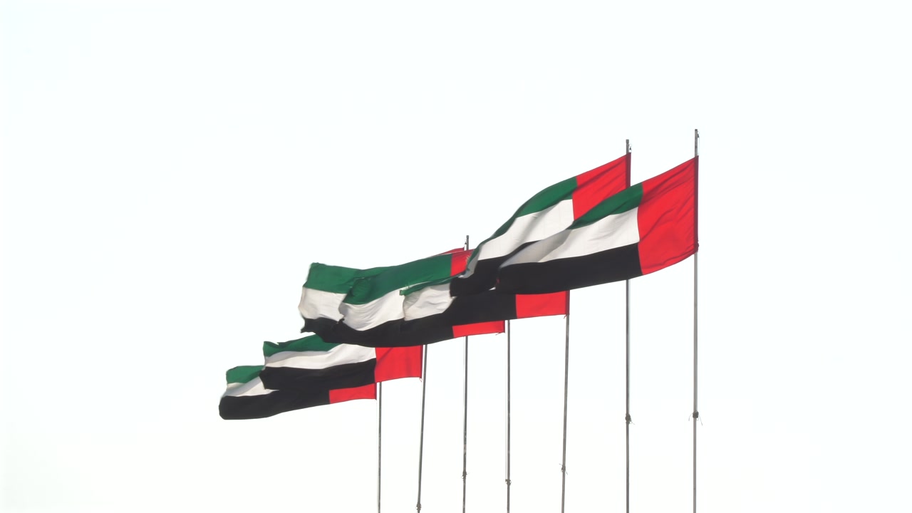 Multiple United Arab Emirates flags wave against the sky in Dubai.