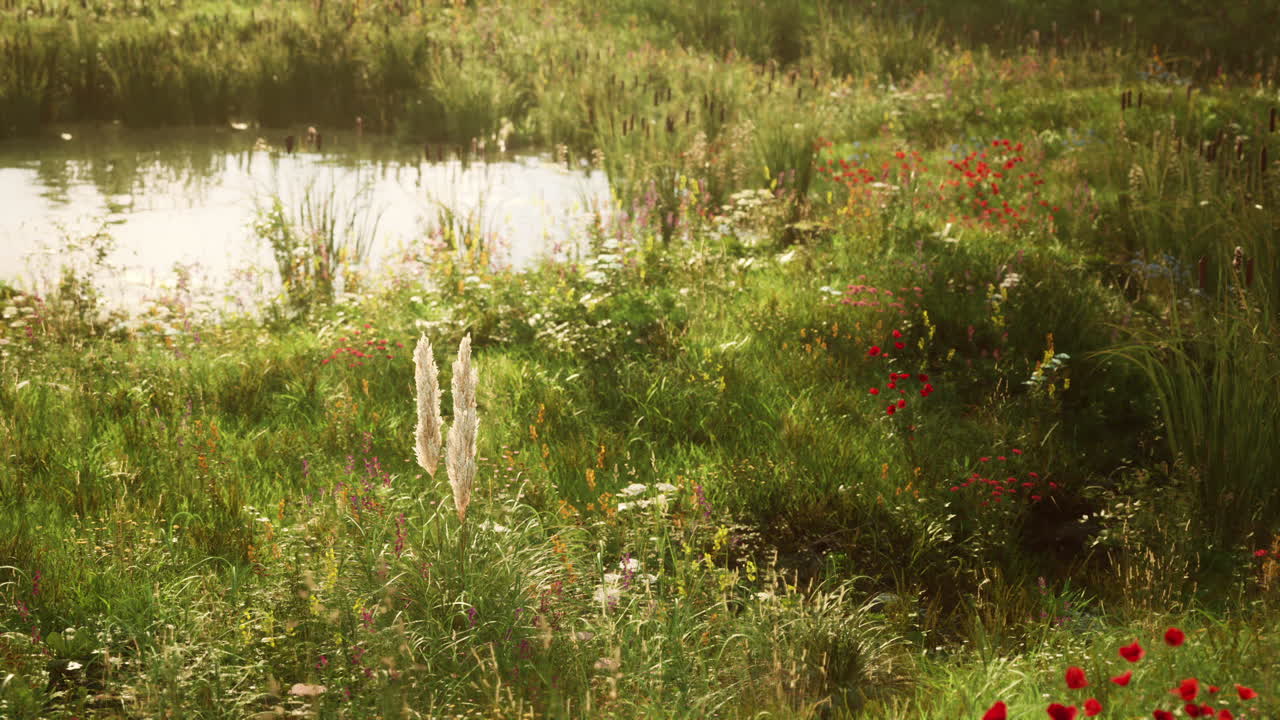 Serene natural landscape with pond surrounded by wildflowers at sunset