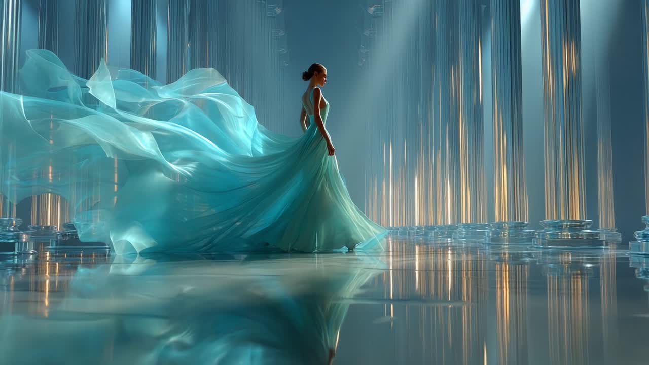 Mesmerizing Elegance: A Captivating Dance of Light and Fabric, Where Graceful Motion Meets a Stunning Palette, All Set Against an Ethereal Backdrop of Reflections and Radiance