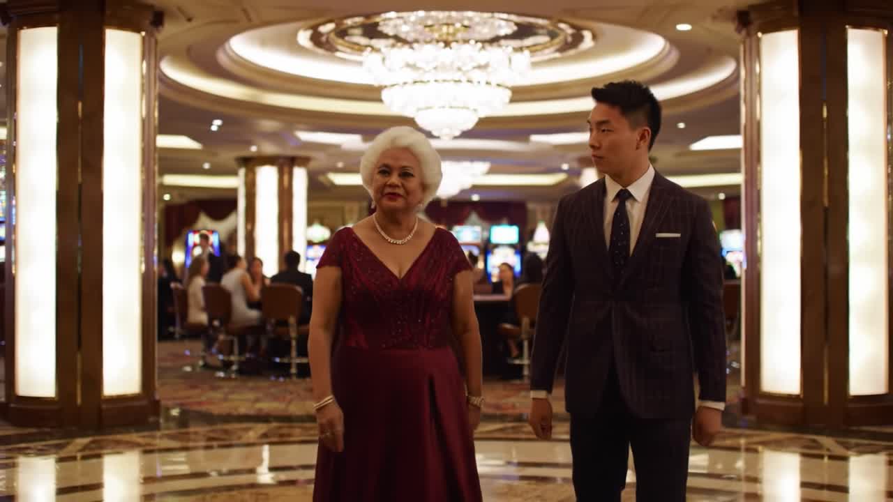 An elegant duo strides confidently through a luxurious casino, framed by opulent chandeliers and the allure of gaming excitement in the background.