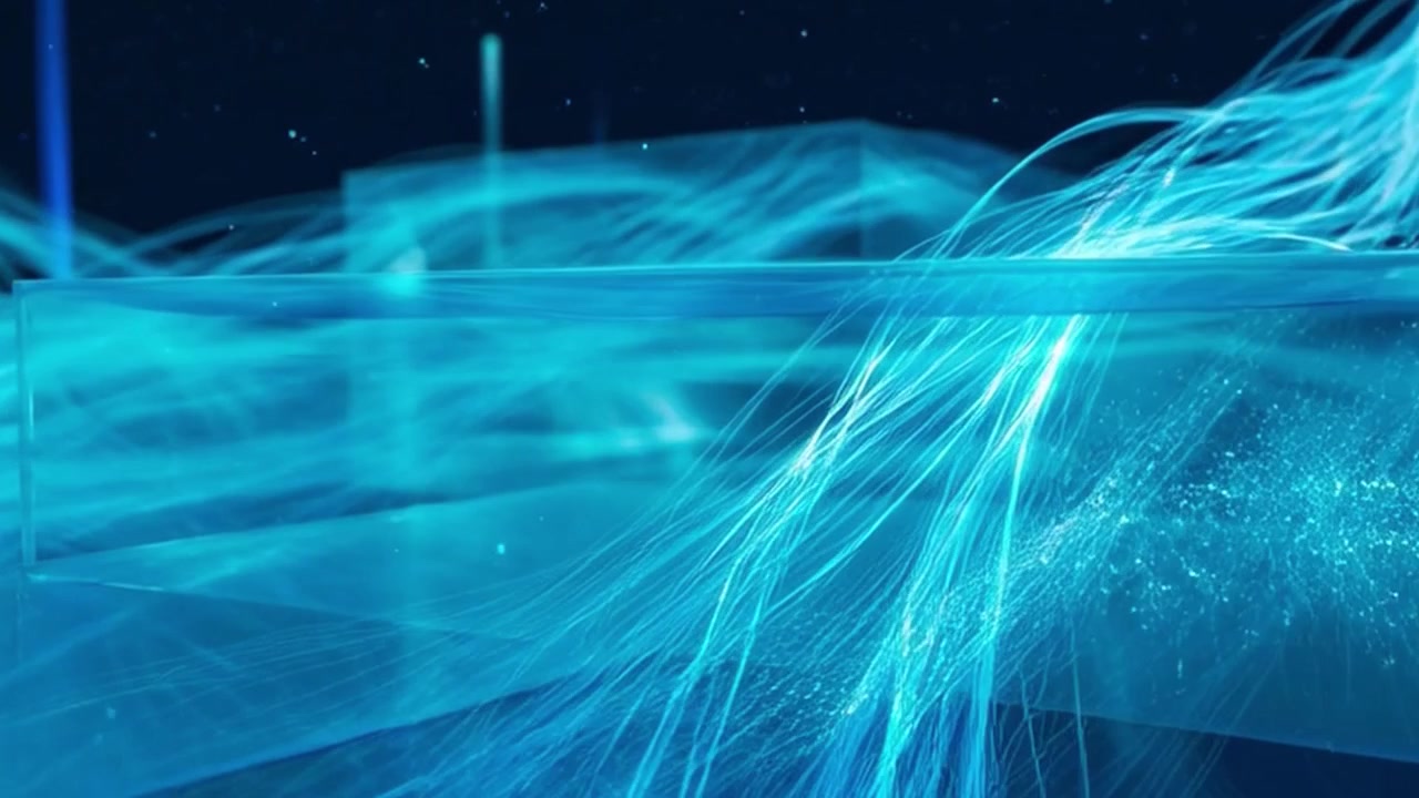 Abstract Blue Light Waves Flowing Through Transparent Geometric Cubes