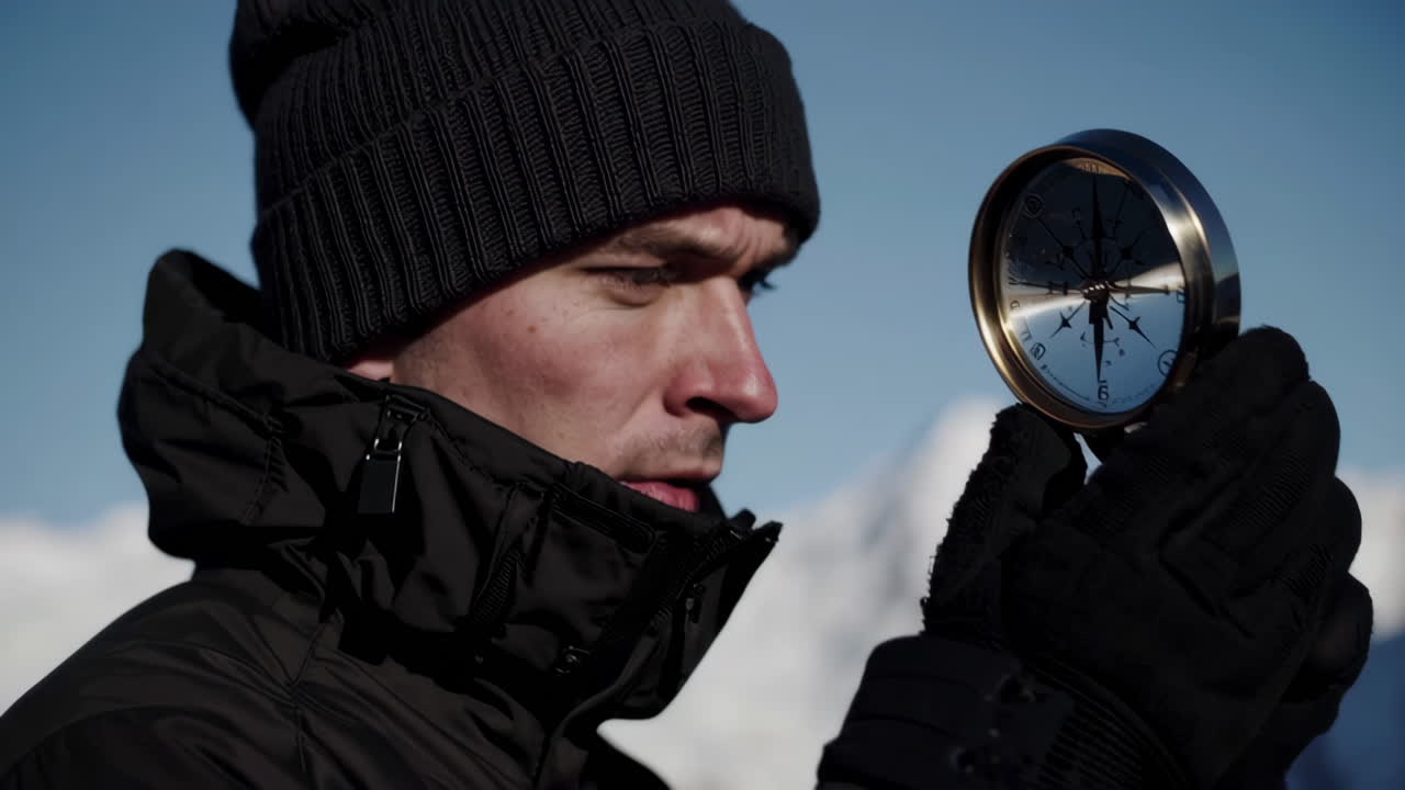 Man looking at a compass in snowy mountains