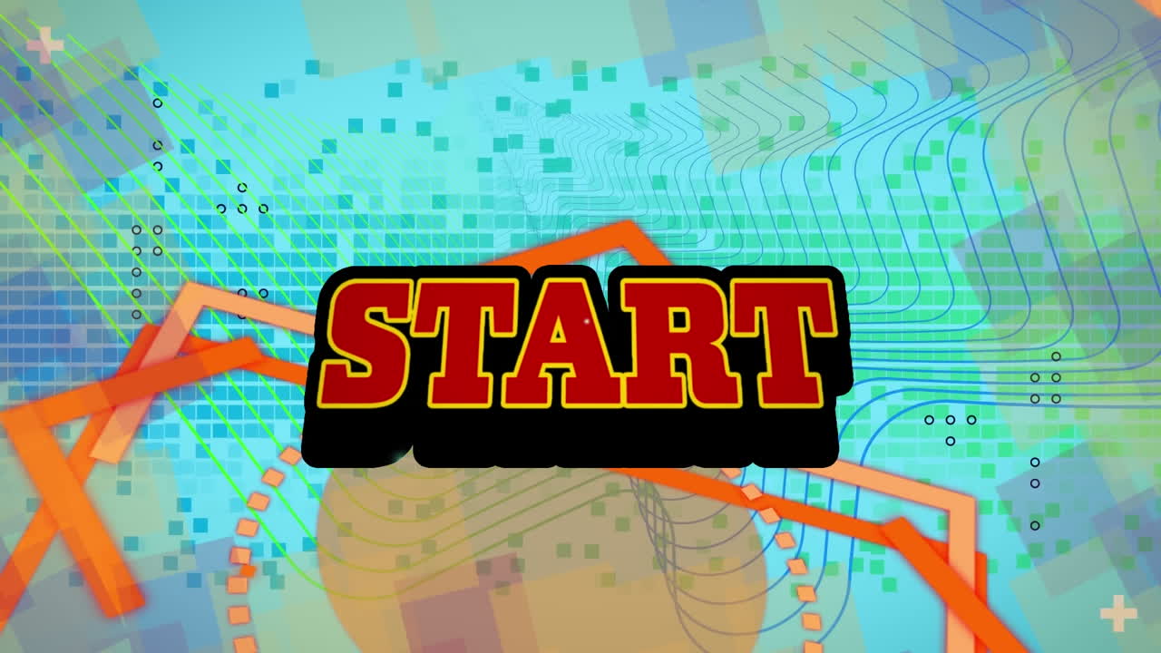 Animation of start text with explosive sign over viewfinder and geometric shapes