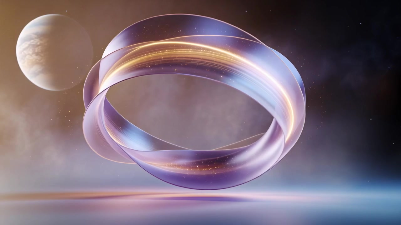 Appearing rotating purple torus untwisting, pulsing rim, emitting sparks above plane, planet left