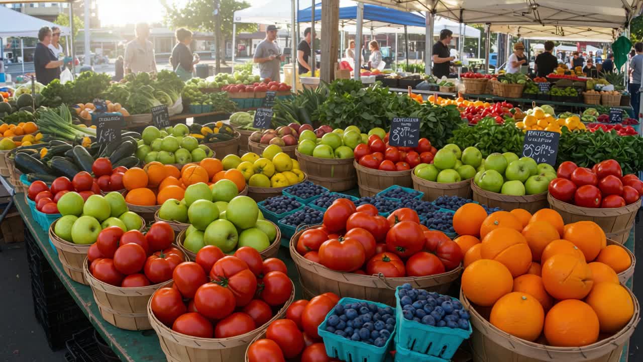 Vibrant Market Scene Showcasing Fresh Produce: A Bountiful Display of Colorful Fruits and Vegetables Captured in Full Sunlight