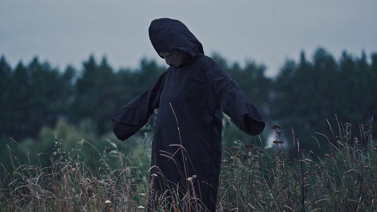 Fantasma che vaga nella natura. Figura spettrale incappucciata in un campo di campagna.