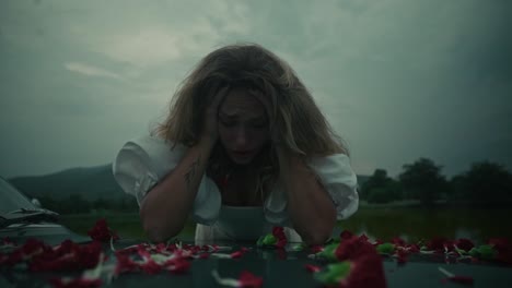 a woman's sorrow by a car