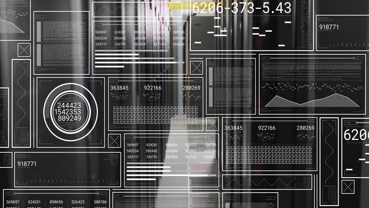 Animation of hud screens with graphs, shapes and numbers over data server racks