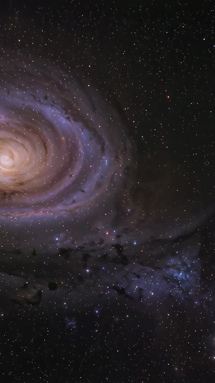 Video verticale: zoom della camera che rivela una galassia a spirale luminosa e un campo stellare nello spazio, spazio per il testo