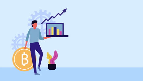 comercio electrónico de bitcoin con animación de hombre de negocios