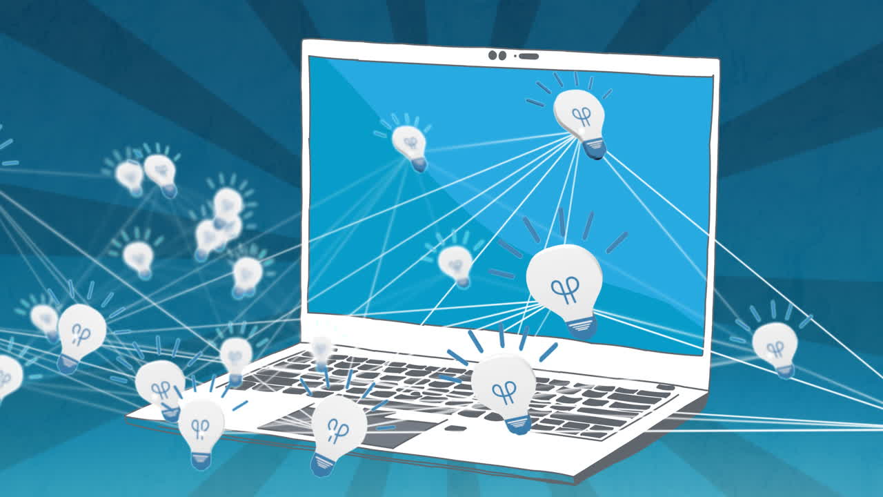 파란색 배경에 노트북 위에 전구 아이콘의 애니메이션