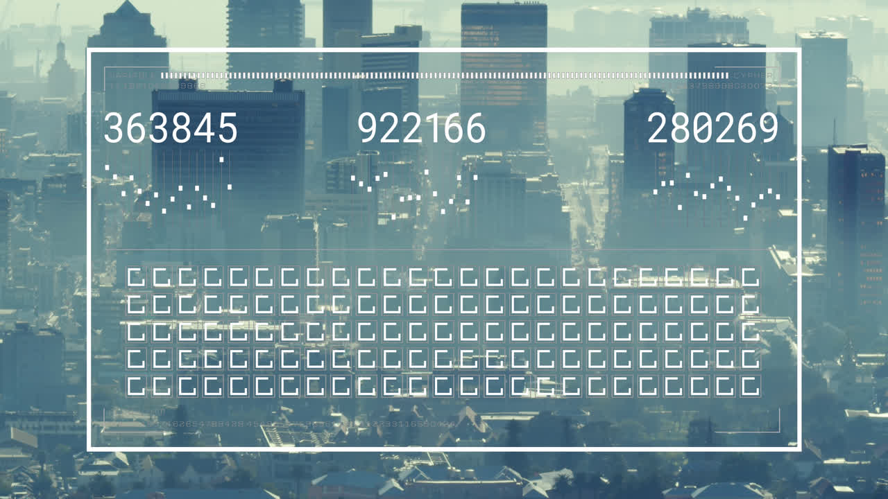 현대 도시 풍경 위에 로딩 바와 사각형으로 변하는 숫자의 애니메이션