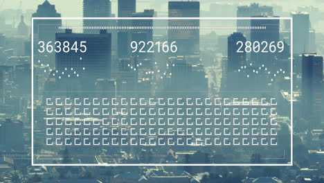 Animation-Wechselnder-Zahlen-Mit-Ladebalken-Und-Quadraten-über-Einem-Modernen-Stadtbild