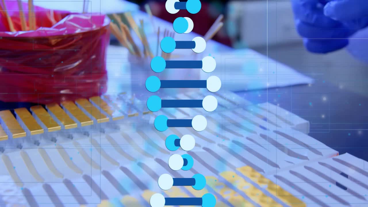 Flat design lab bench showing DNA helix floating over microplate wells, featuring pipette tips