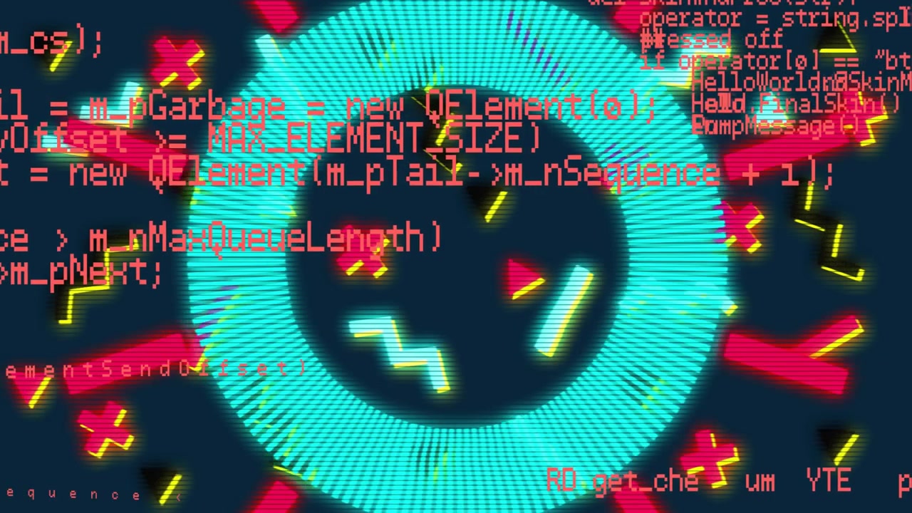 On startup animated neon shapes flickering and code lines scrolling down evoking CRT scanline vibe