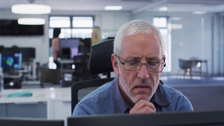 Thoughtful man looking at his computer screen while sitting on his desk at office