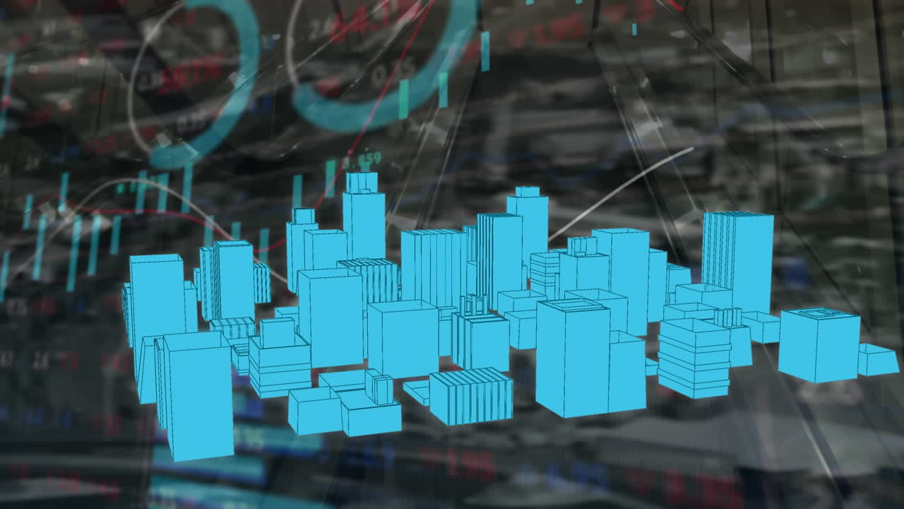 animación de dibujos de ciudades 3d girando y procesamiento de datos sobre el paisaje urbano