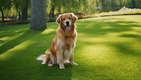 golden retriever sitting on grass