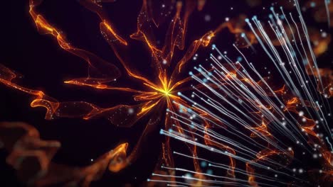 animation of explosion of white light trails over orange smoke trails on black background