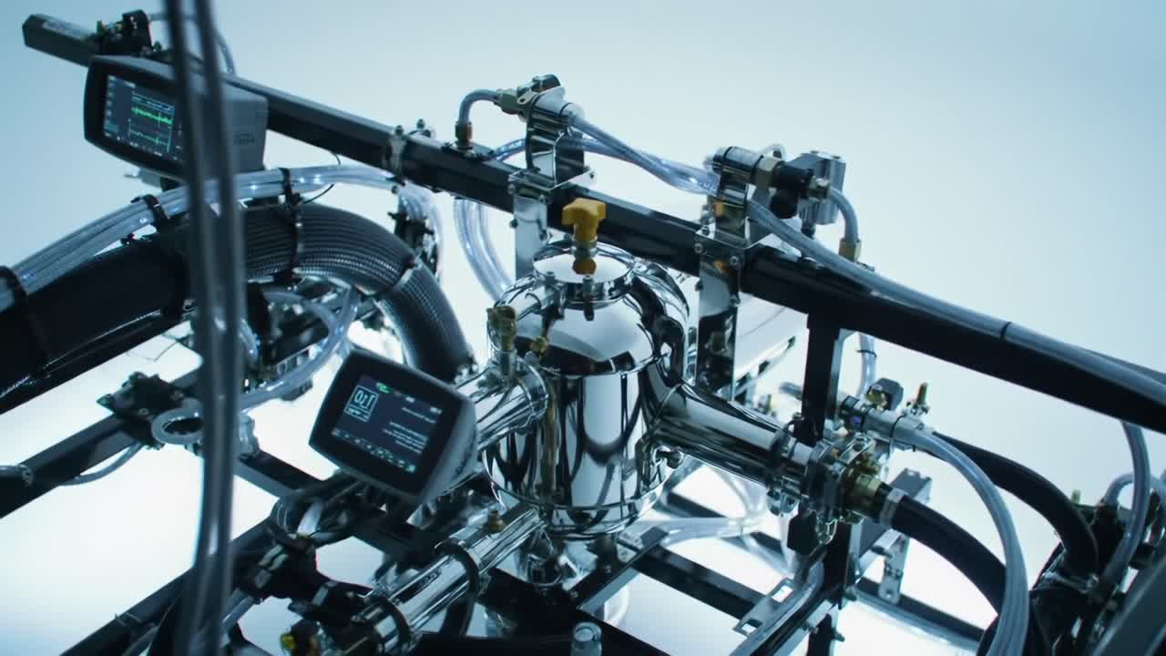 An Intricate Close-up of Advanced Engineering Components Highlighting High-Precision Tubing and Control Displays in a Modern Mechanical System