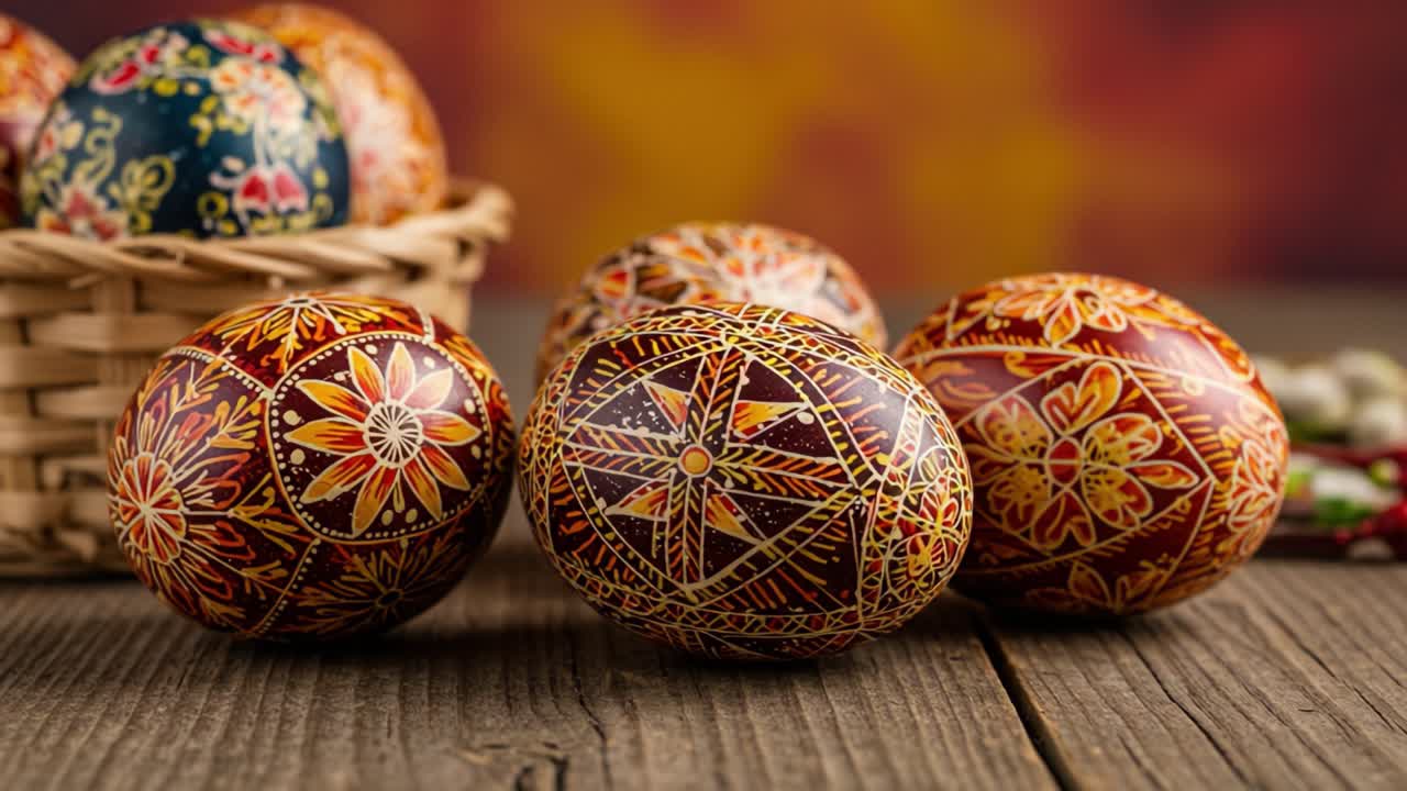 Beautifully Crafted Traditional Easter Eggs Displayed on Wooden Surface with a Rustic Basket in the Background, Showcasing Vibrant Colors and Intricate Patterns