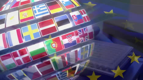 european flags displayed over eu flag with keyboard, animation in school setting
