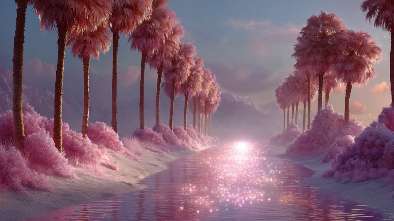 A Serene Sunset Over a Dreamy Pink Landscape with Sparkling River and Lush Palm Trees Reflecting Tranquility and Beauty in Nature's Embrace