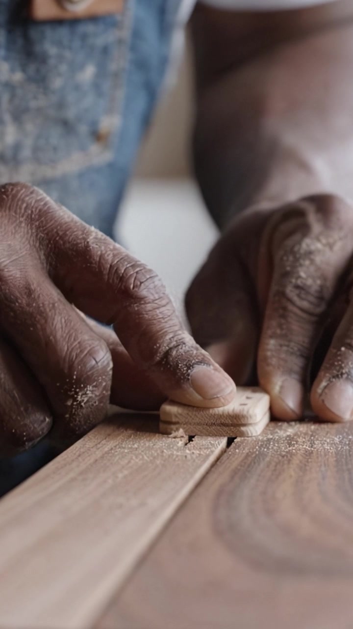 Craftsmanship in Action: Focused Hands Skillfully Sanding Wood to Create Smooth Surfaces in a Detailed Joinery Process Showcasing Artistic Dedication to Woodworking