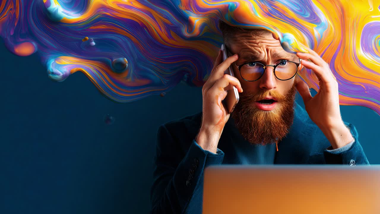 Man with Beard and Glasses Overwhelmed by Colorful Thoughts While Working at Laptop in a Creative and Abstract Environment, A Blend of Reality and Imagination