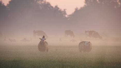 ovejas y vacas en un amanecer brumoso