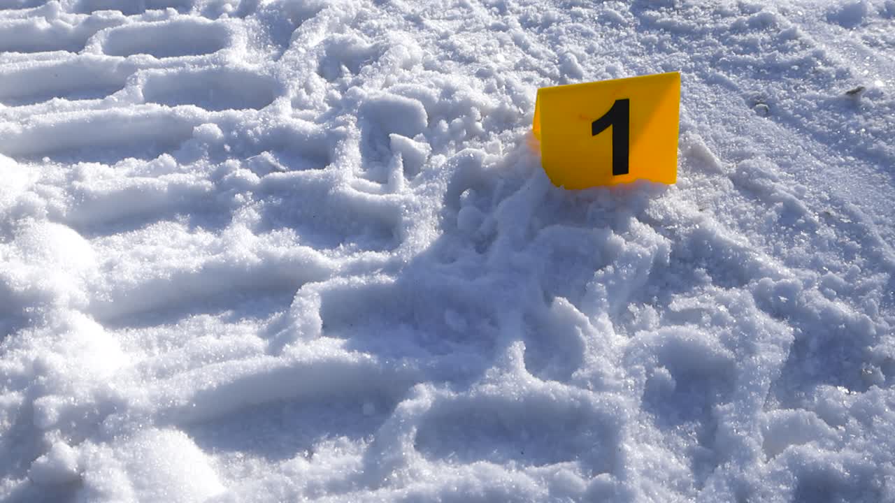 Vista ravvicinata di un marcatore forense vicino a un caratteristico tracciato di veicolo in un'ambientazione invernale