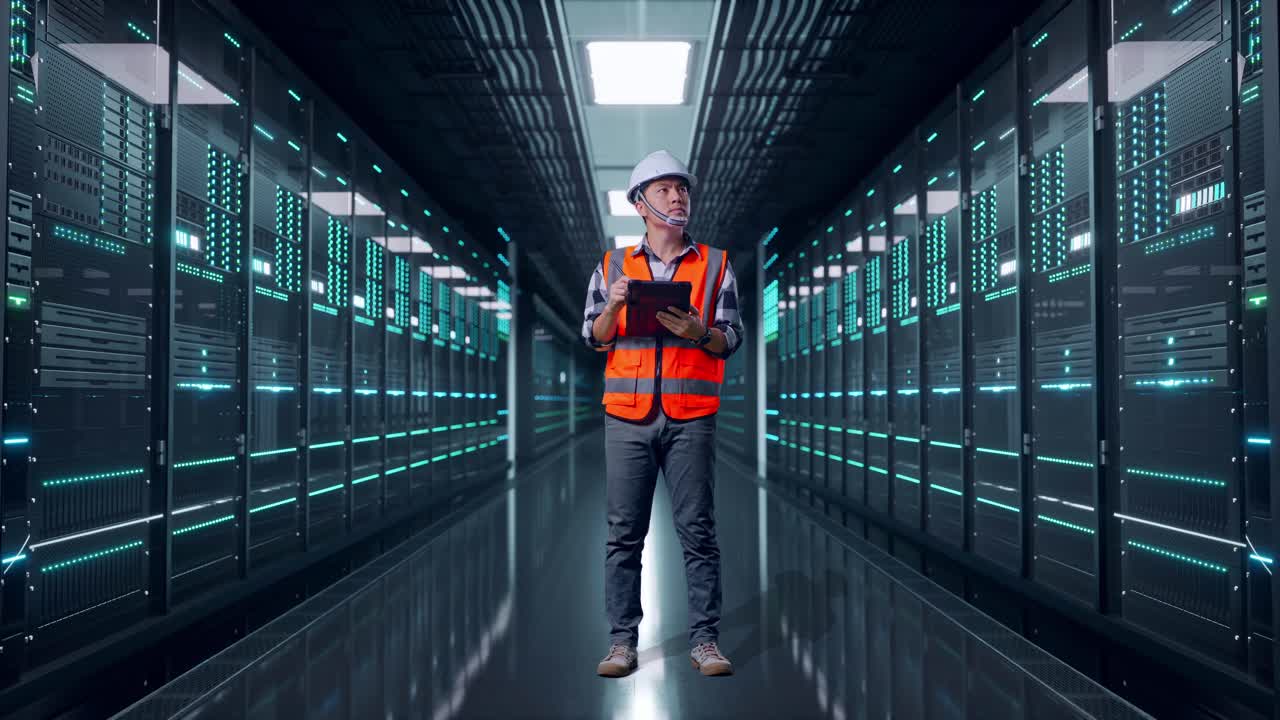 Full Body Of Asian Male Engineer With Safety Helmet Taking Note On The Tablet And Looking Around While Standing in Server Room Data Center