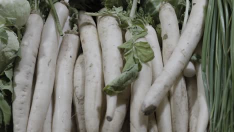 fresh white radish at vegetable store for sale at evening