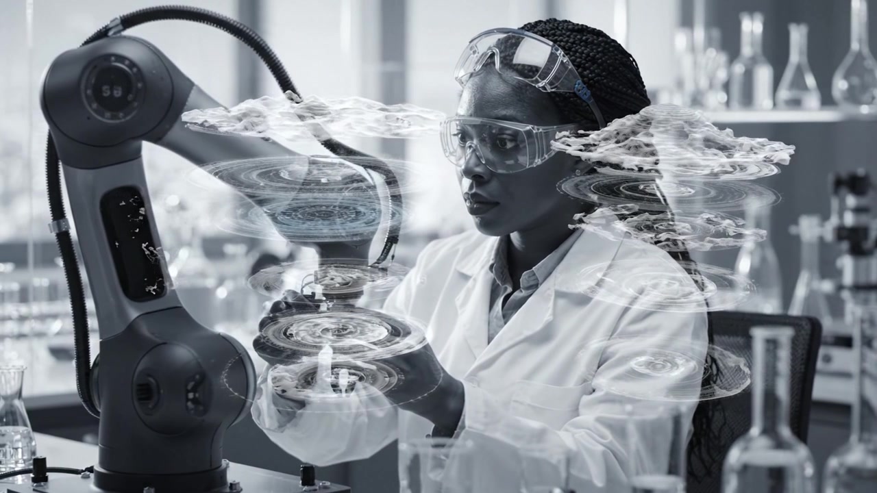 Un ricercatore concentrato in un ambiente di laboratorio lavora accanto a un braccio robotico avanzato, dimostrando l'integrazione di tecnologia e scienza in esperimenti innovativi