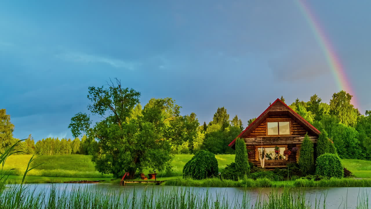 cabaña de madera a orillas del lago en un paisaje bucólico e idílico con un colorido arco iris en el fondo