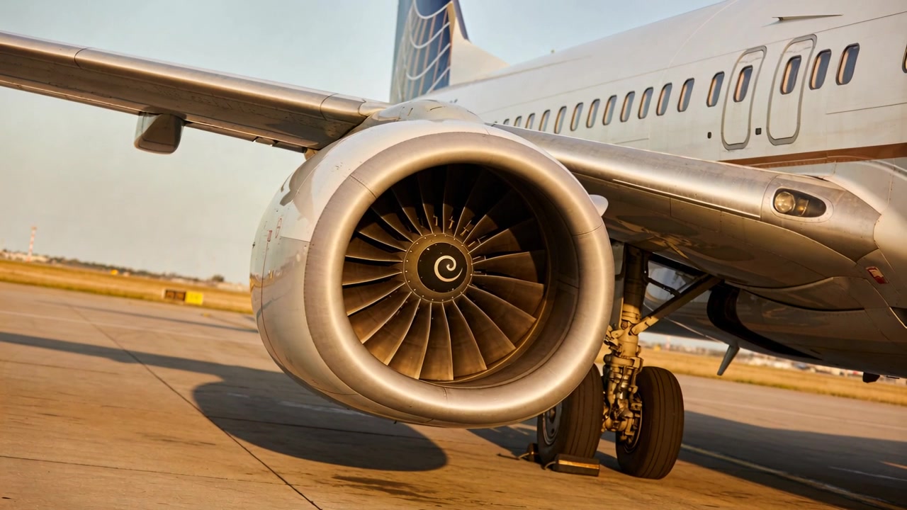 Kamera menggeser menyingkap mesin turbofan kanan dan roda pendaratan di landasan, menunjukkan ganjal roda untuk detail.