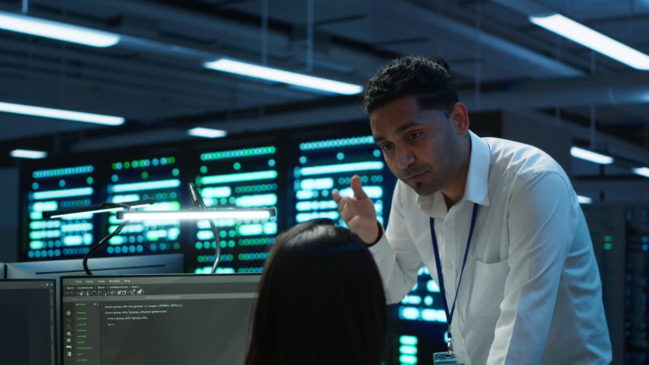 equipo de administradores en el centro de datos asegurando que el sistema pueda manejar las tareas de red