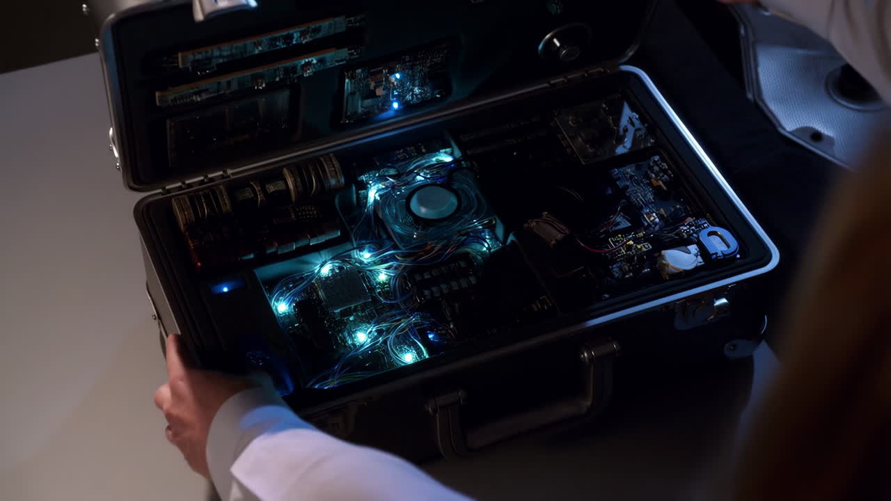 Person opening a briefcase revealing glowing internal electronics