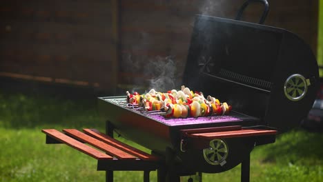 Colorful-and-tasty-grilled-shashliks-on-outdoor-summer-barbecue