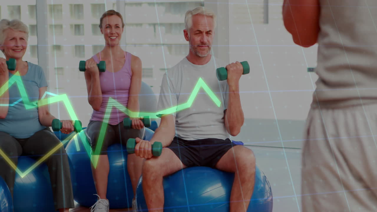 Older adults exercising with dumbbells over fitness data animation in gym