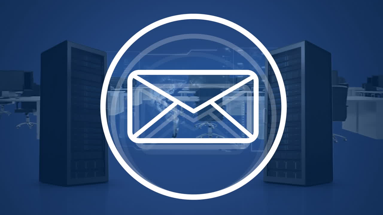 animación del icono del sobre y procesamiento de datos a través de servidores informáticos