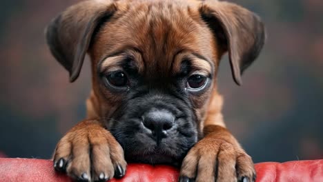 a small brown dog laying on top of a red couch