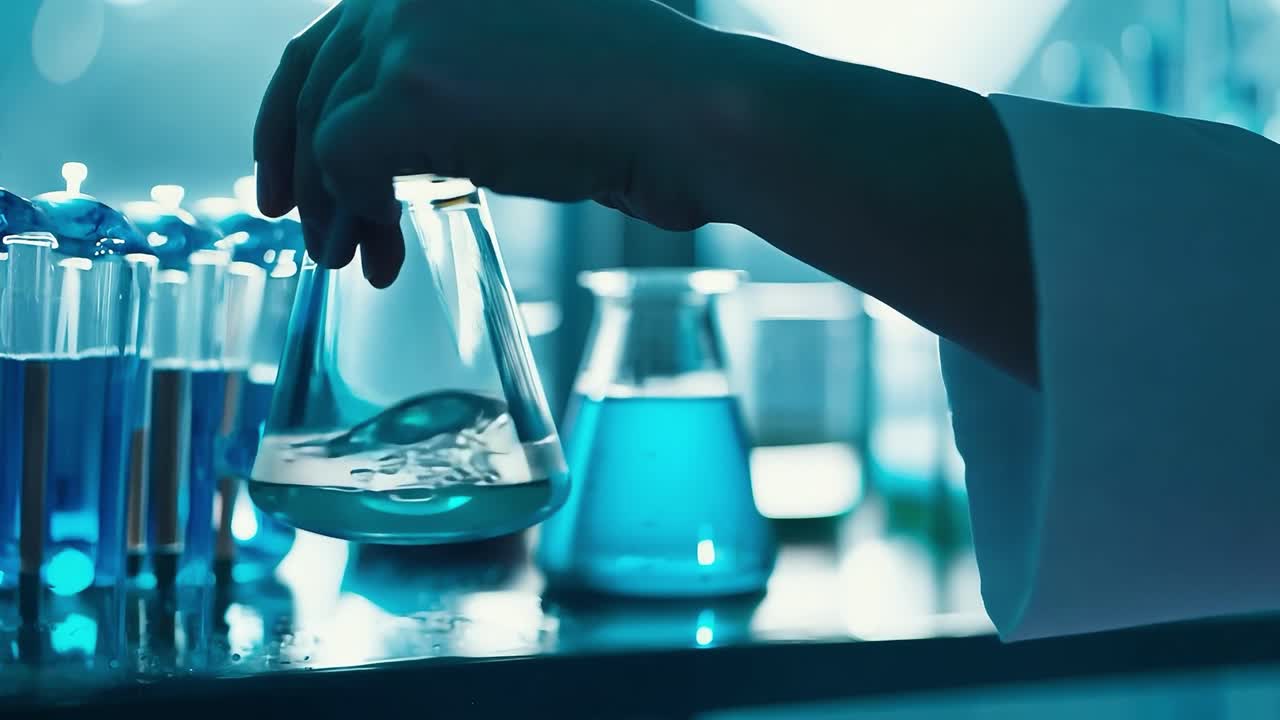 A scientist working in a lab with beakers and test tubes