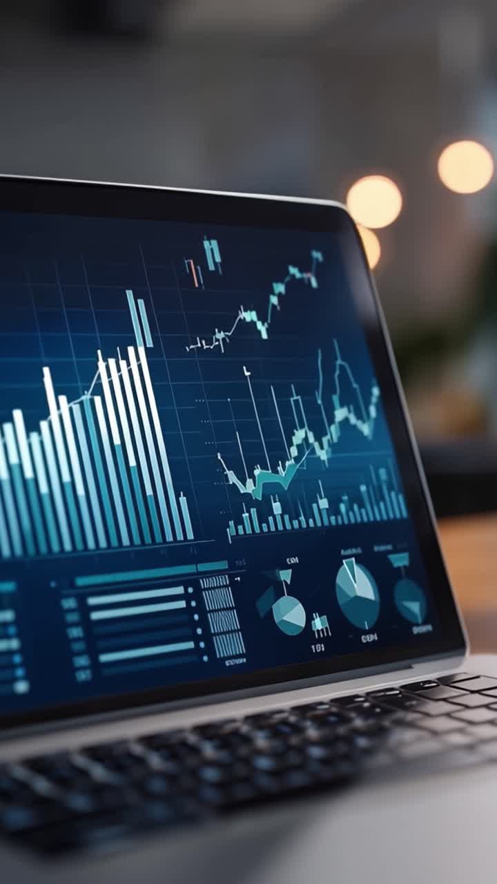 Analyse av finansdata gjennom diagrammer og grafer på en bærbar skjerm: Innsikt i markedstrender og ytelsesmål for informert beslutningstaking