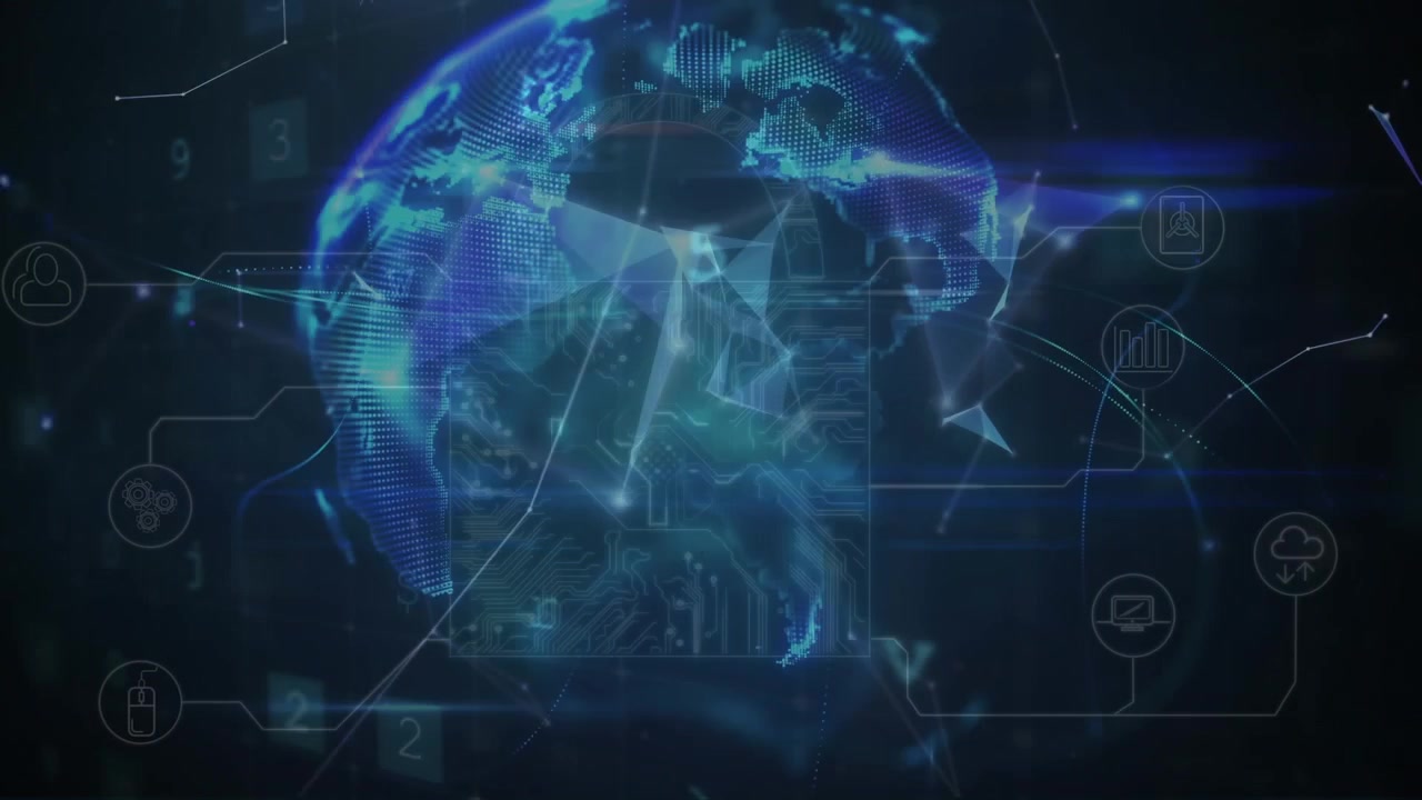 Animation of financial data processing over globe and warning text
