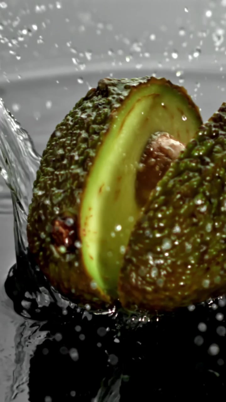 Metà di avocado fresco che si tuffano nell'acqua al rallentatore