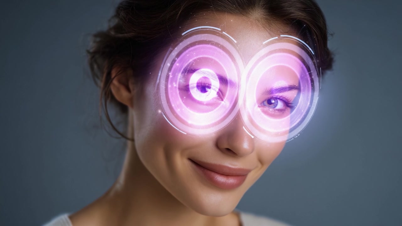 A captivating transformation showcasing a woman's eyes enhanced with futuristic digital overlays, blending beauty and technology in a mesmerizing visual experience.