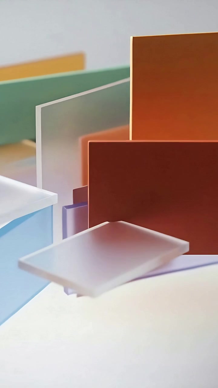 Video verticale: Telecamera in panoramica che mostra pannelli colorati che scorrono su un tavolo, ripiano satinato che rivela il colore.